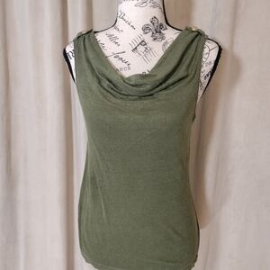 Banana Republic Olive Green Sleeveless Top w/Draped Neckline & Gold Button Tabs